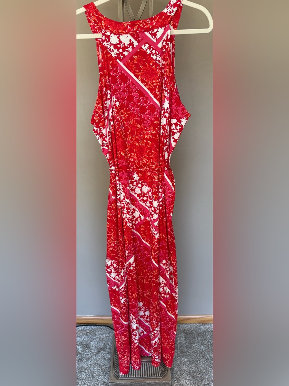 C Wonder Vibrant Red White and Pink Halter Style Knit Maxi Dress
